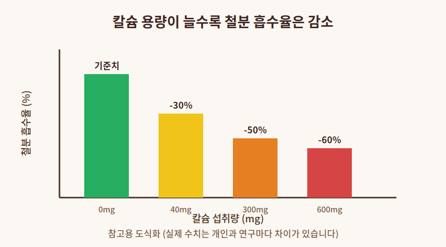 칼슘 용량별 철분 흡수율 감소 그래프