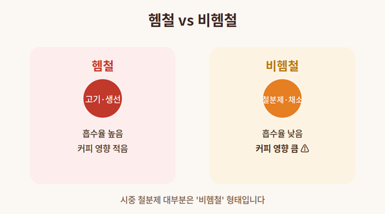헴철과 비헴철의 흡수율 차이와 커피 영향을 비교한 인포그래픽, 시중 철분제는 대부분 비헴철
